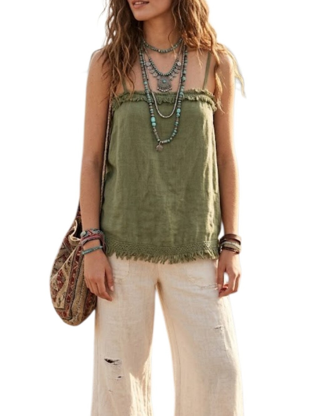 Francesca Bettini Olive Linen Fringe Trim Tank Top Size M Made in Italy Coastal